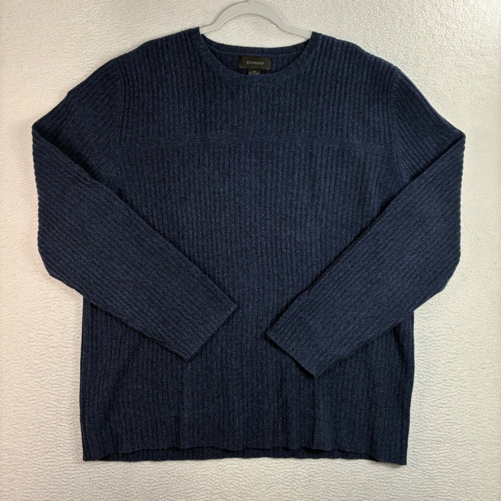 Vintage Express Lambswool Sweater Men 2X Blue Ribbed Knit Crewneck Preppy Luxury